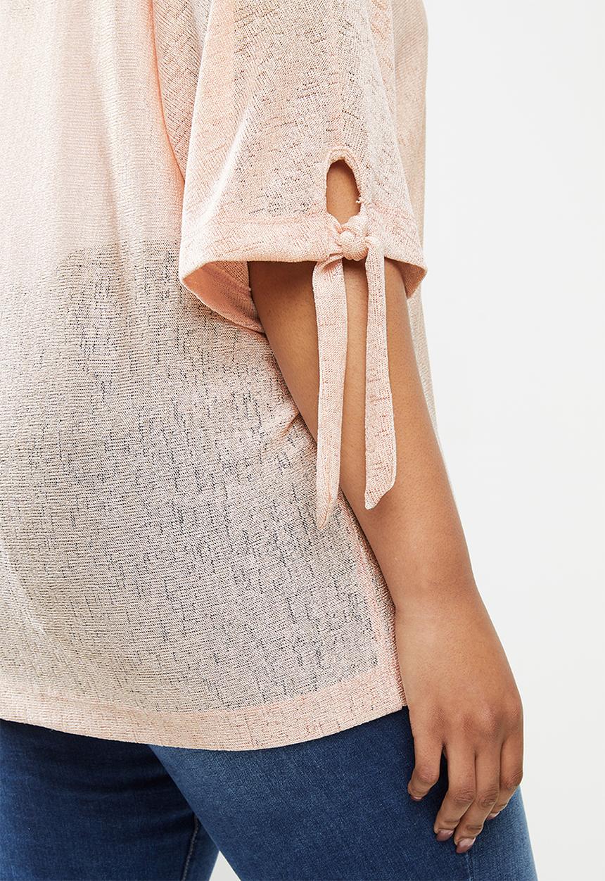 edit Plus - Tie sleeve linen blend tee - pink