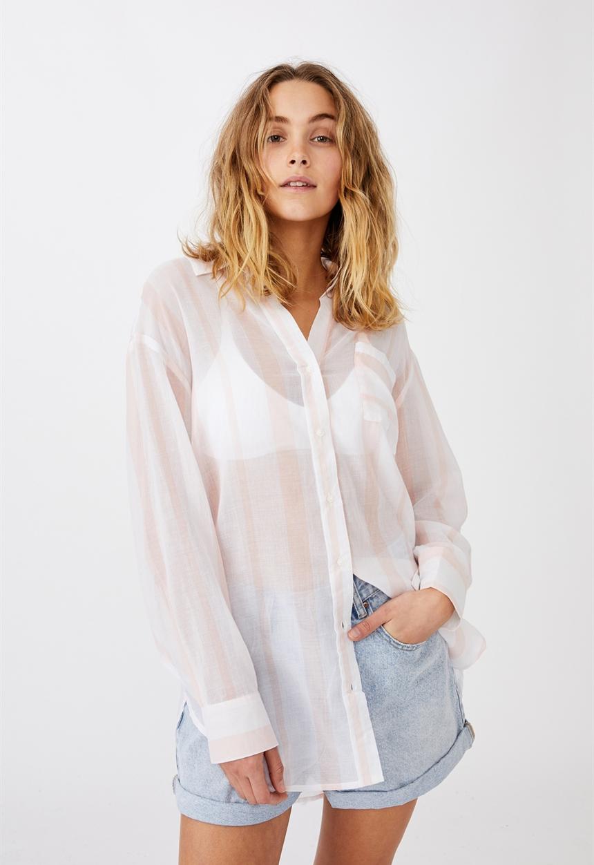 Cotton On - Savannah oversize resort shirt - simone stripe pale pink