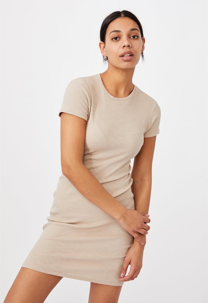 Cotton On - Essential short sleeve bodycon midi dress - latte marle rib