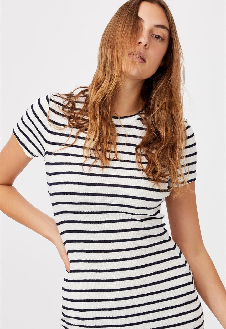 Cotton On - Essential short sleeve bodycon midi dress - stripe white & navy rib