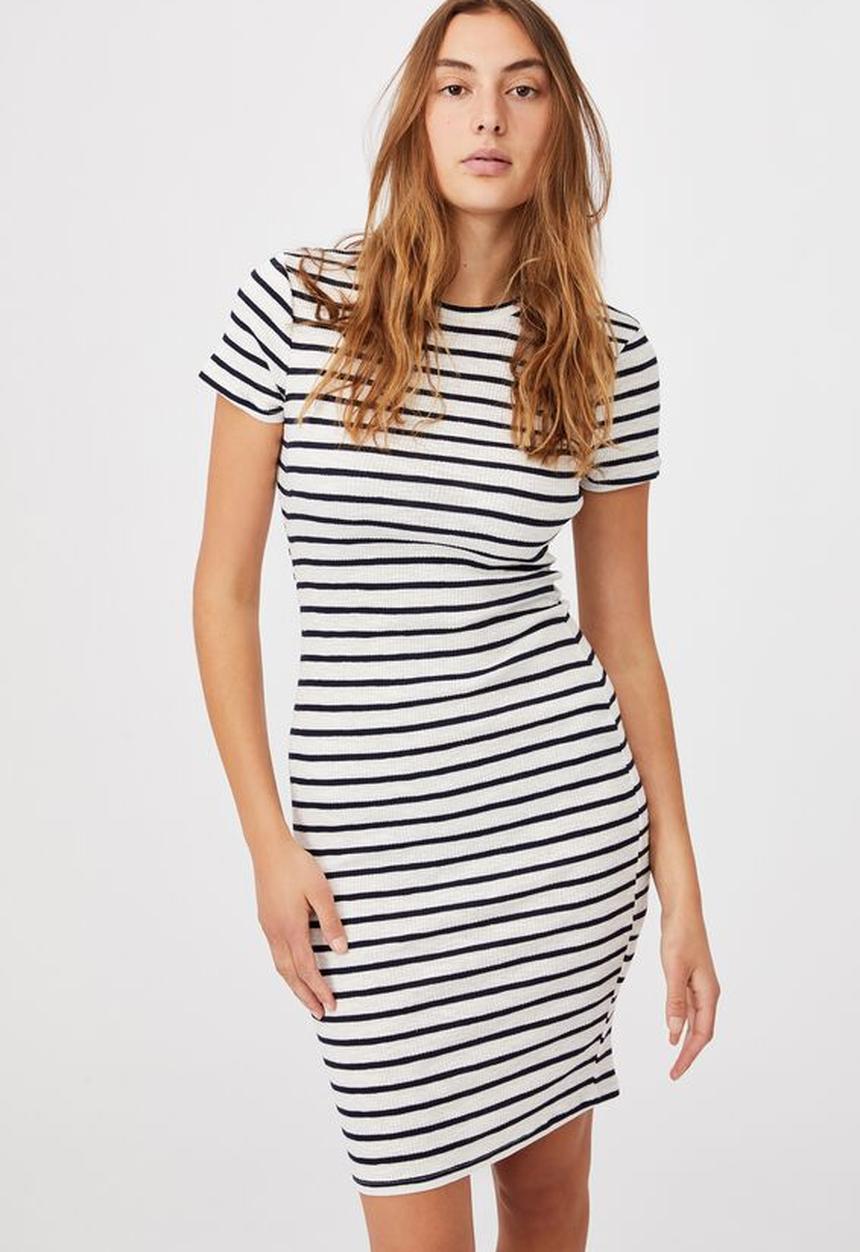 Cotton On - Essential short sleeve bodycon midi dress - stripe white & navy rib