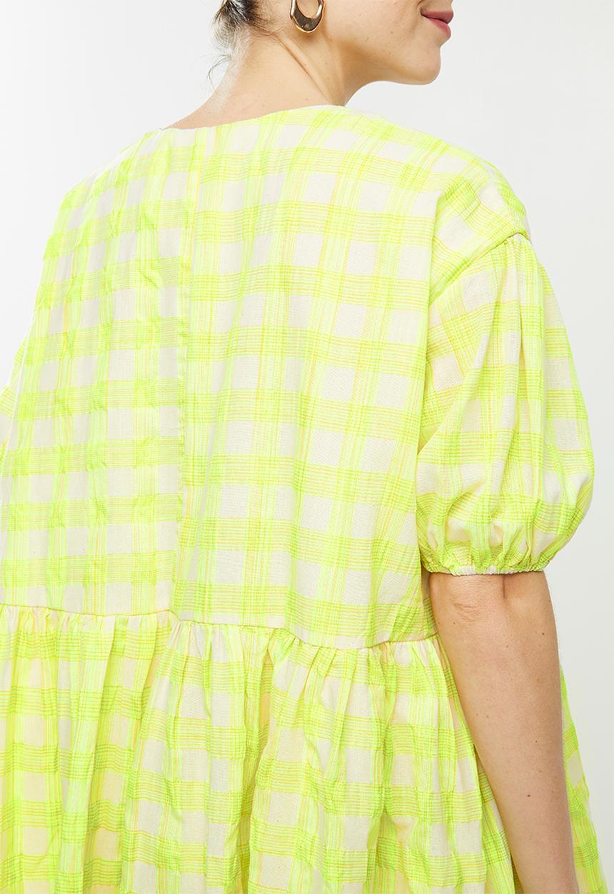 Glamorous - Maternity Check oversized swing dress with puff sleeve - neon yellow