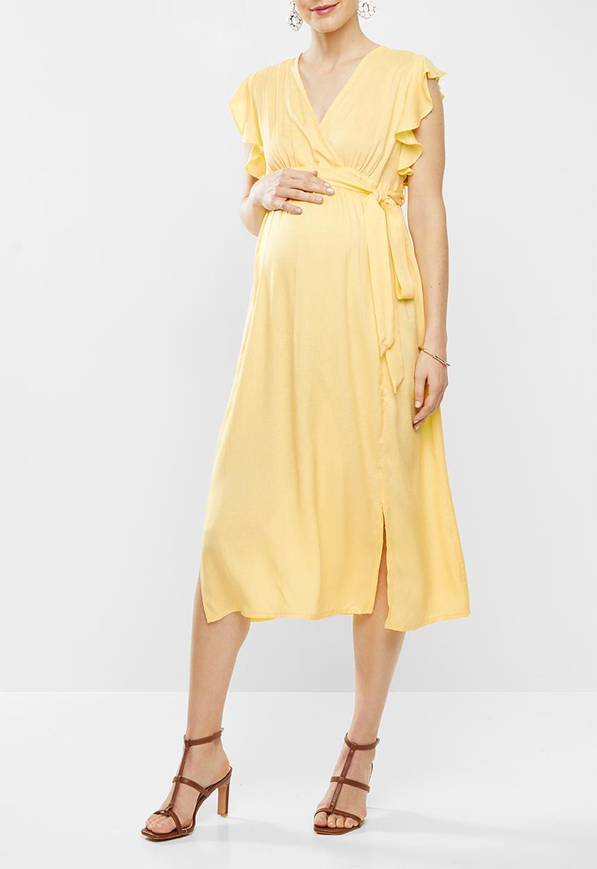 Glamorous - Maternity Deep v-neck tie front midi dress - pale yellow lemon