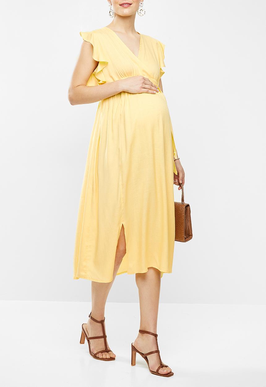 Glamorous - Maternity Deep v-neck tie front midi dress - pale yellow lemon