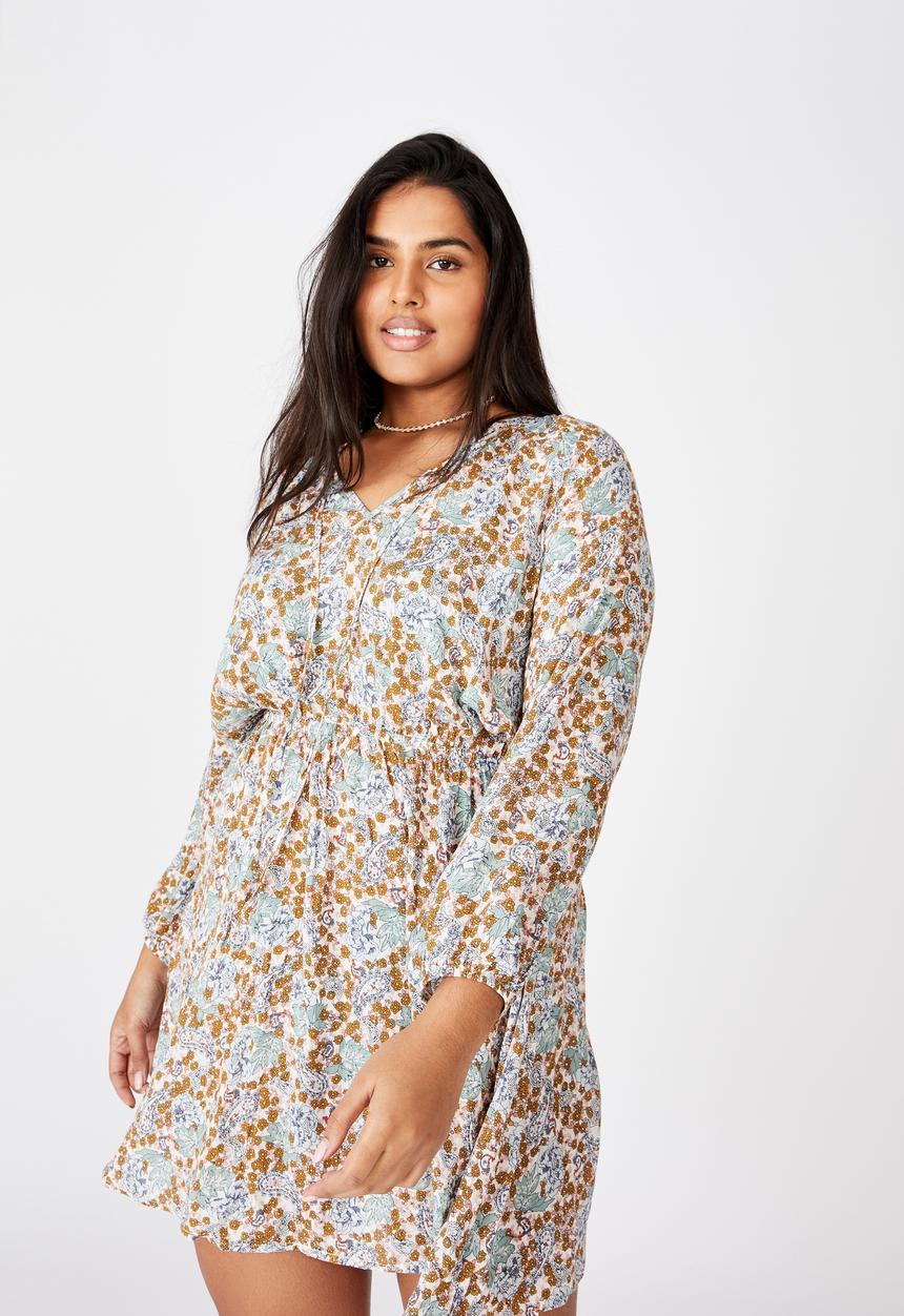 Cotton On - Curve laura mini dress - emily floral paisley white/gold sparkle
