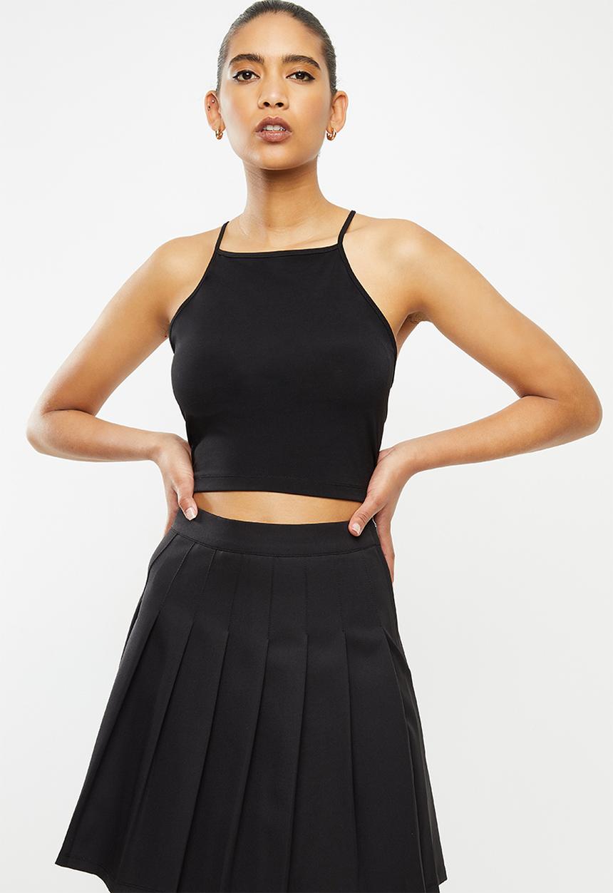 Blake - Halter cross back tie crop top - black