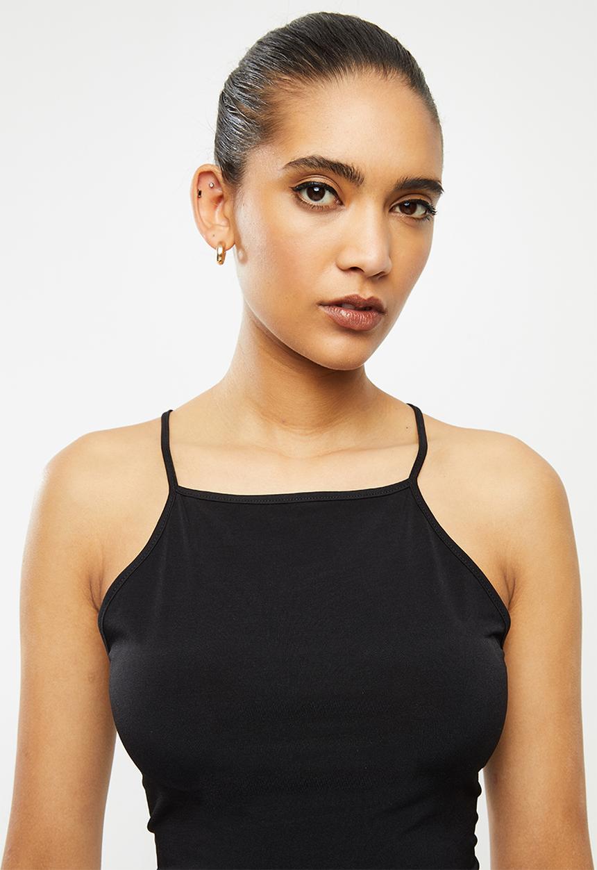 Blake - Halter cross back tie crop top - black