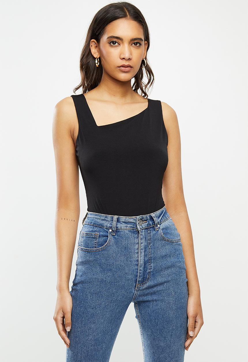 VELVET - Knit assymetrical square neckline bodysuit - black