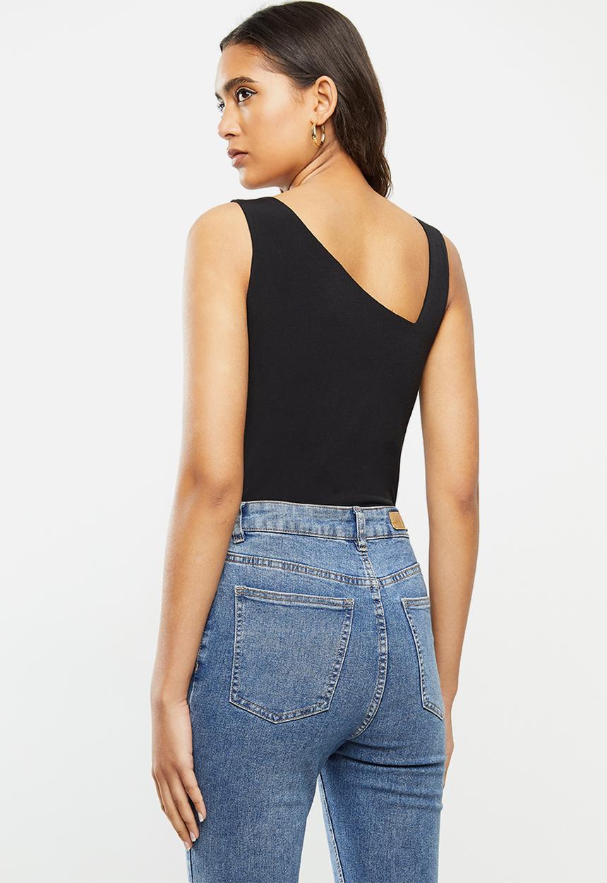VELVET - Knit assymetrical square neckline bodysuit - black