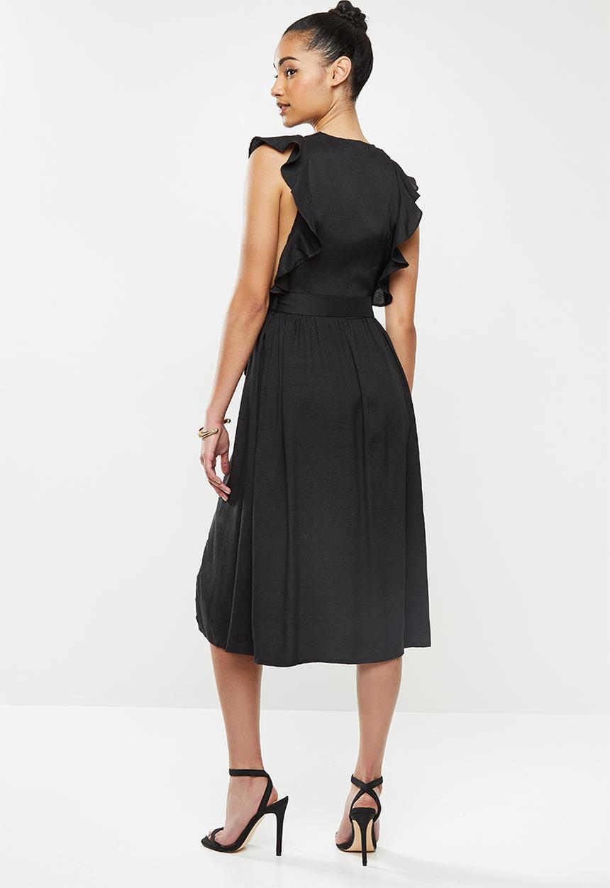 Glamorous - Petite deep v tie front midi dress - black