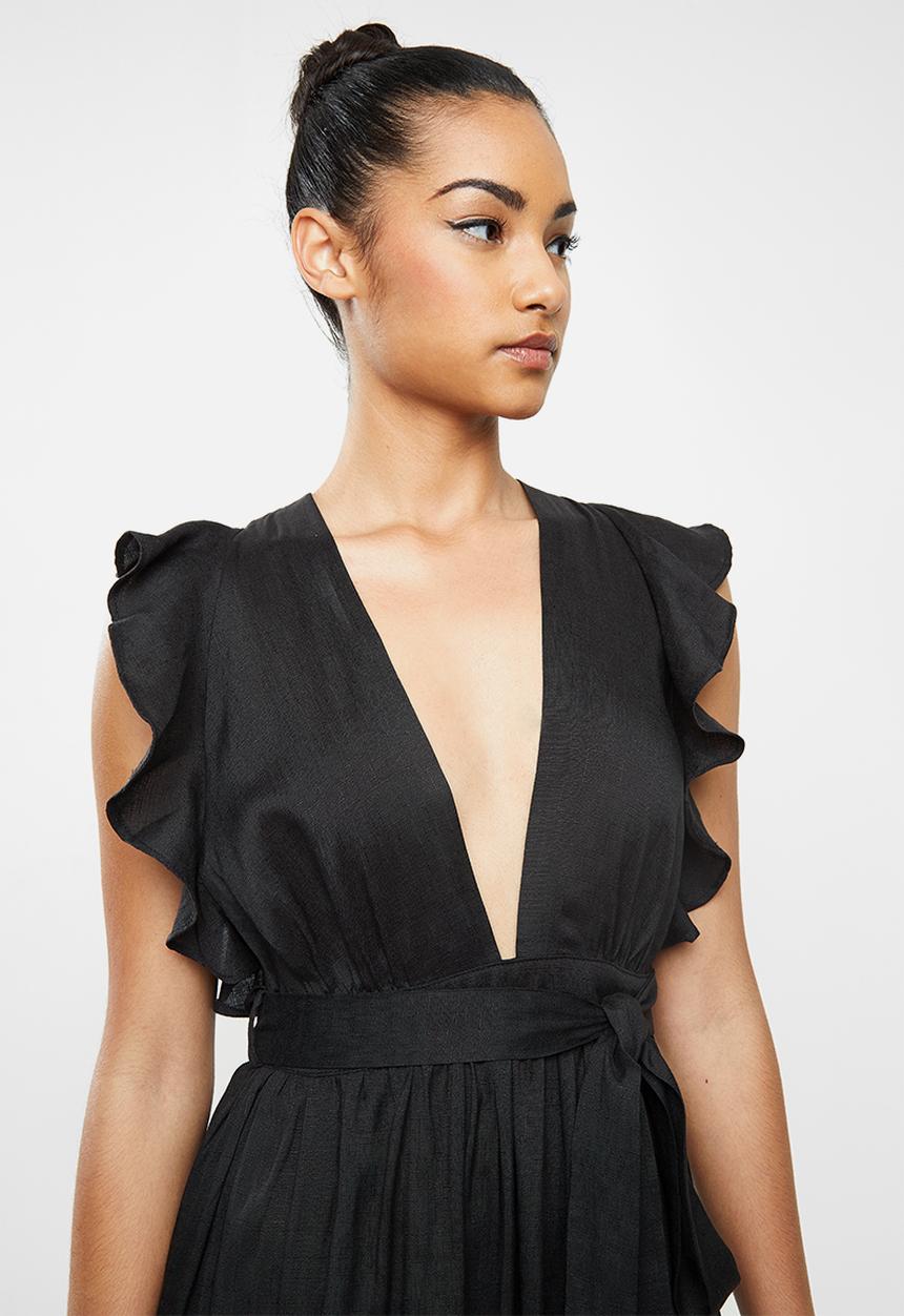 Glamorous - Petite deep v tie front midi dress - black