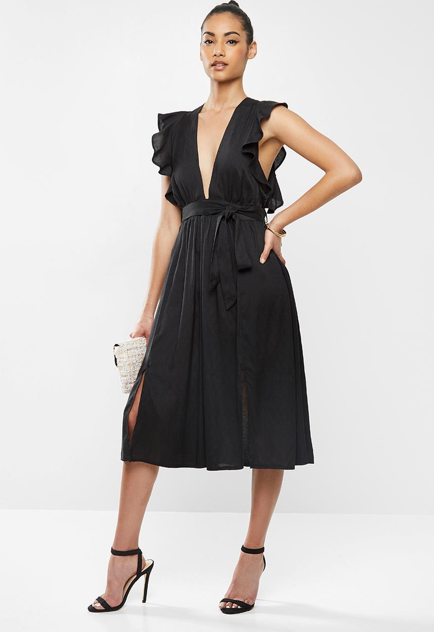 Glamorous - Petite deep v tie front midi dress - black