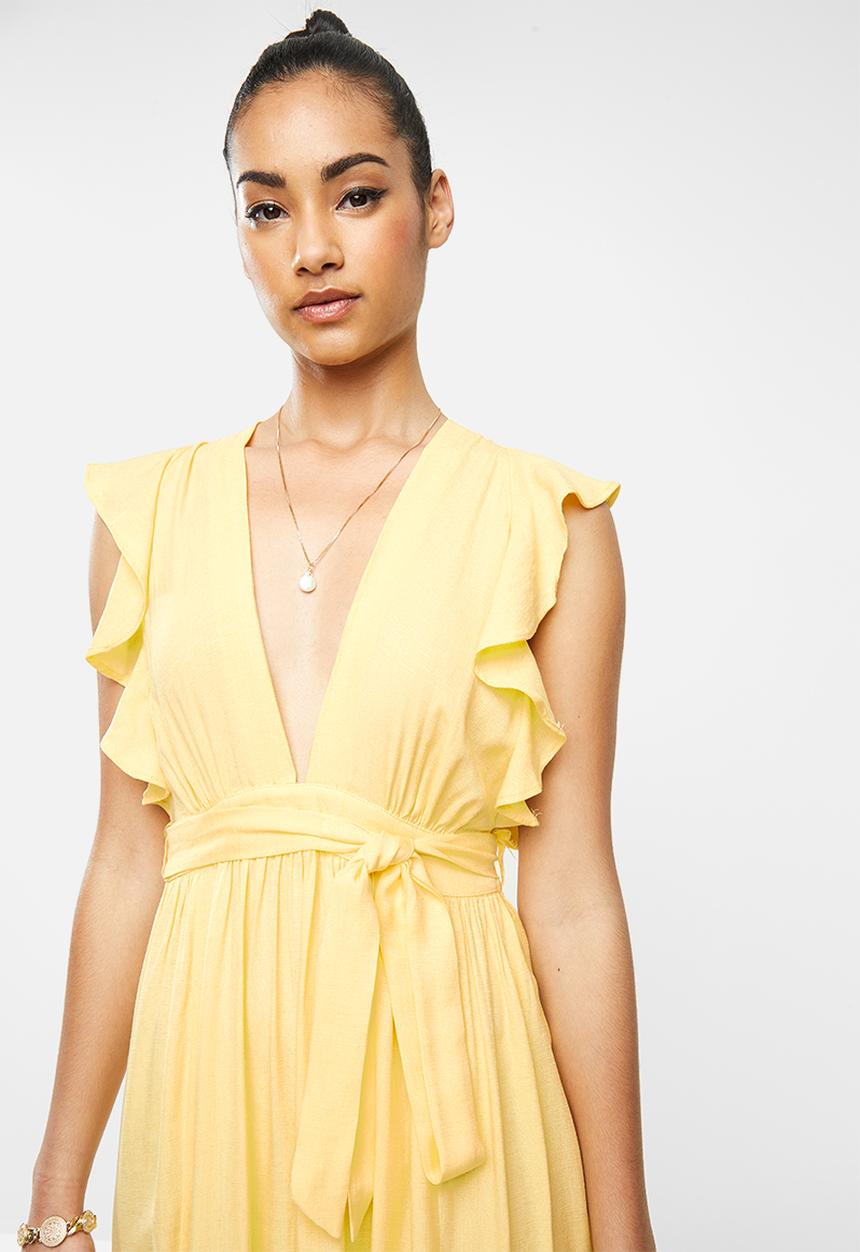 Glamorous - Petite deep v tie front midi dress - yellow