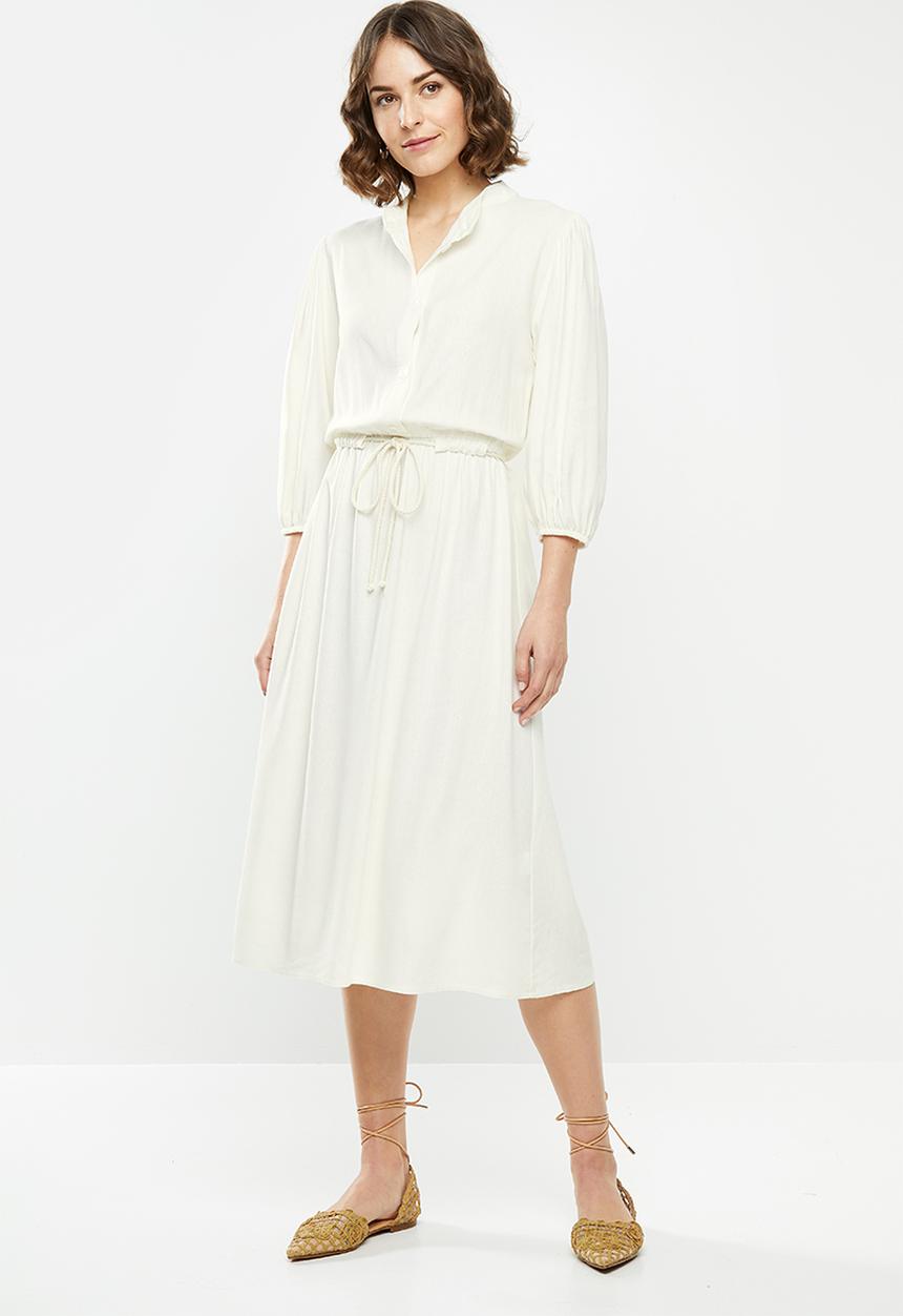 edit - Rope trim mandarin collar linen dress - milk