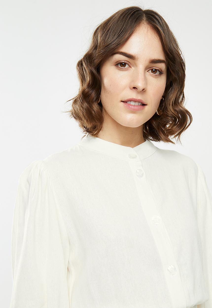 edit - Rope trim mandarin collar linen dress - milk