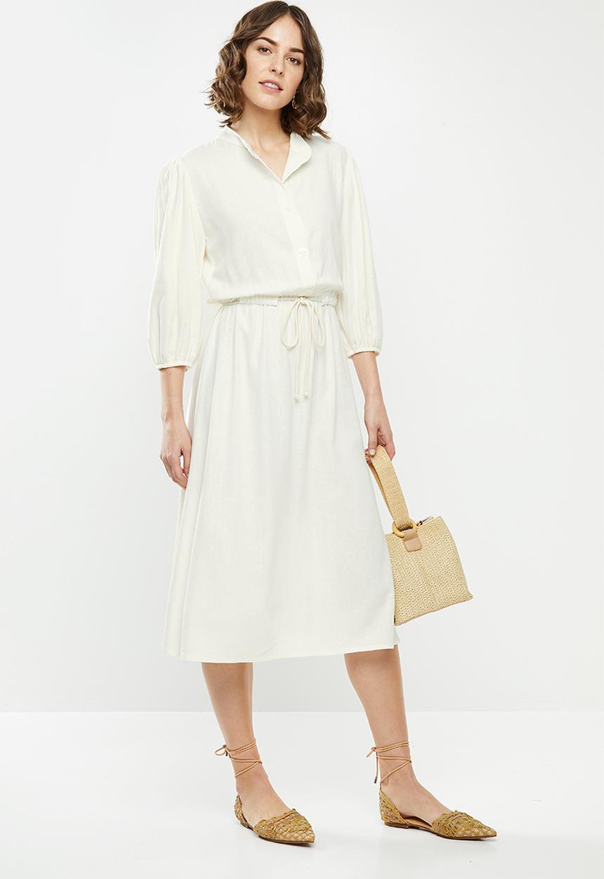 edit - Rope trim mandarin collar linen dress - milk