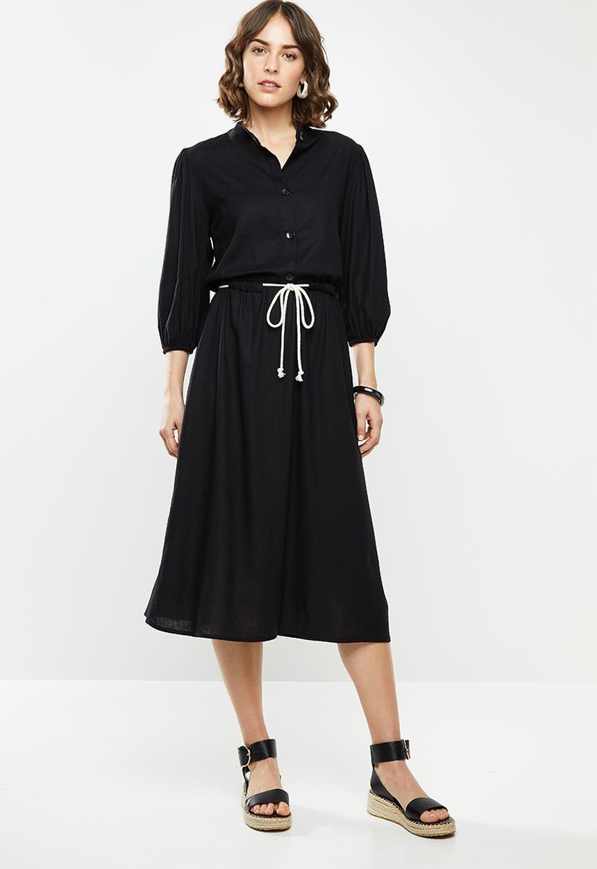 edit - Rope trim mandarin collar Linen dress - black