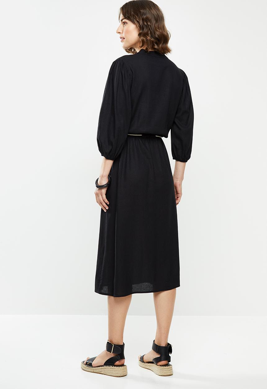 edit - Rope trim mandarin collar Linen dress - black