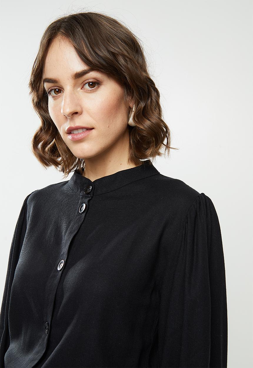 edit - Rope trim mandarin collar Linen dress - black
