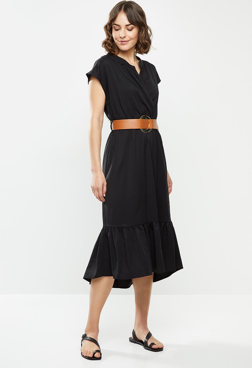 edit - Mandarin collar belted tiered midi - black