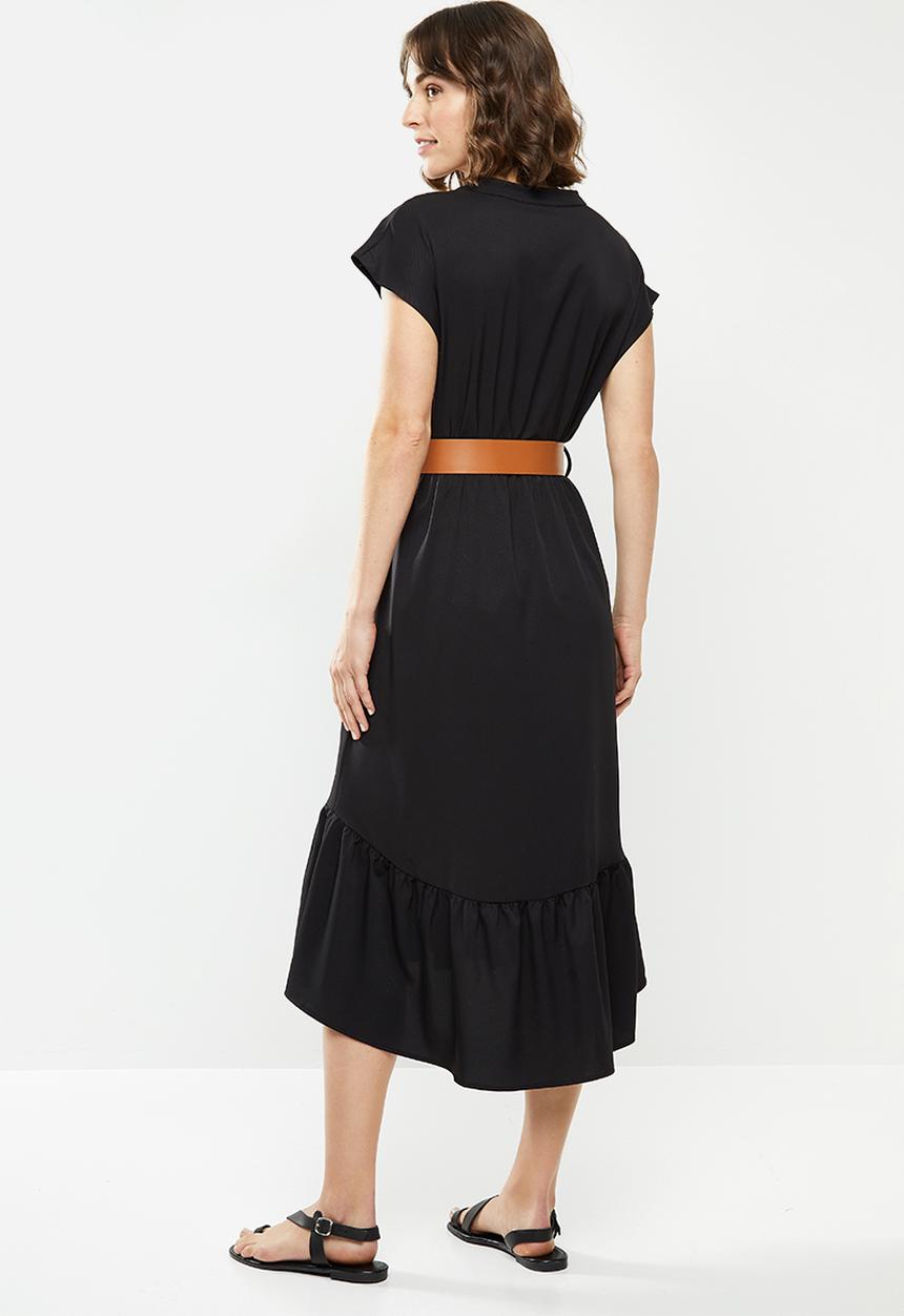 edit - Mandarin collar belted tiered midi - black