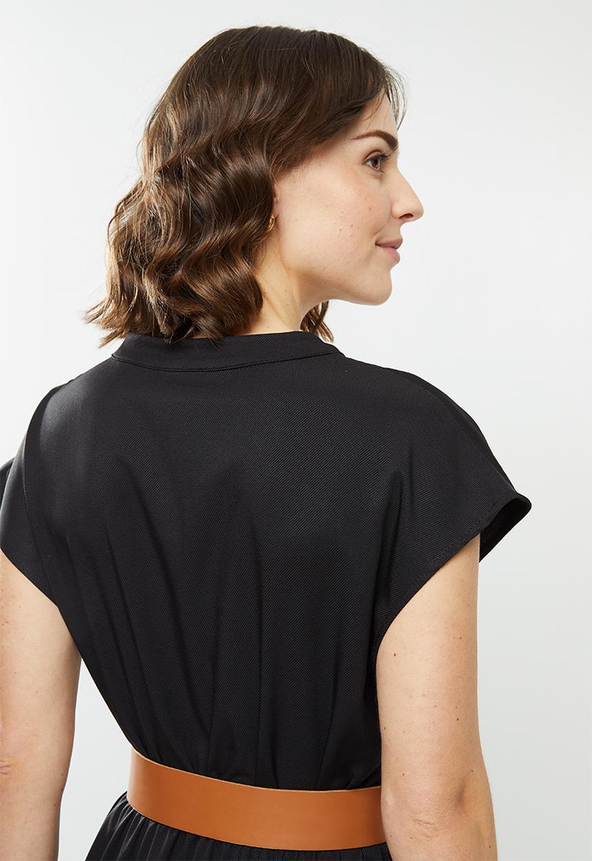 edit - Mandarin collar belted tiered midi - black