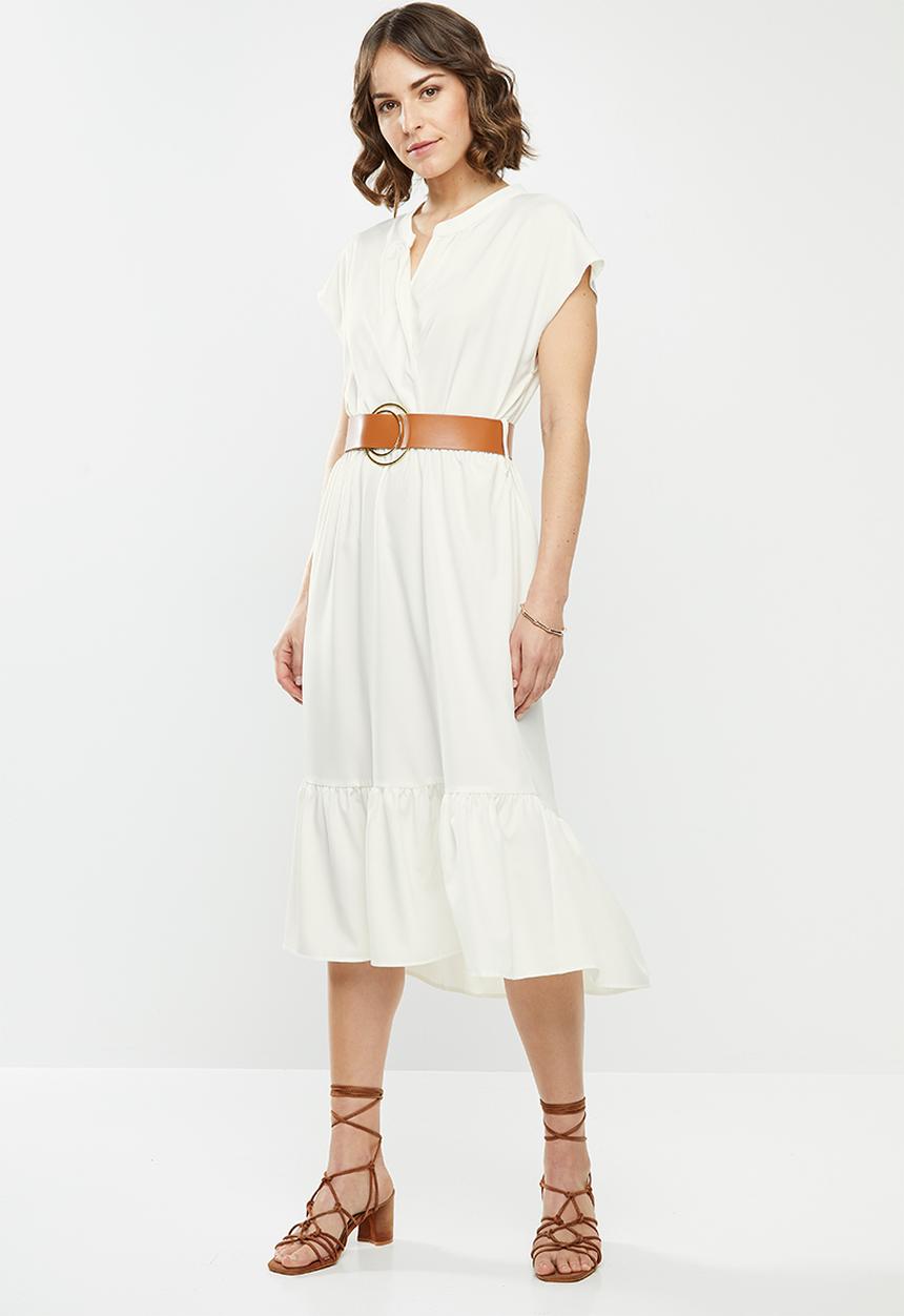 edit - Mandarin collar belted tiered midi - white