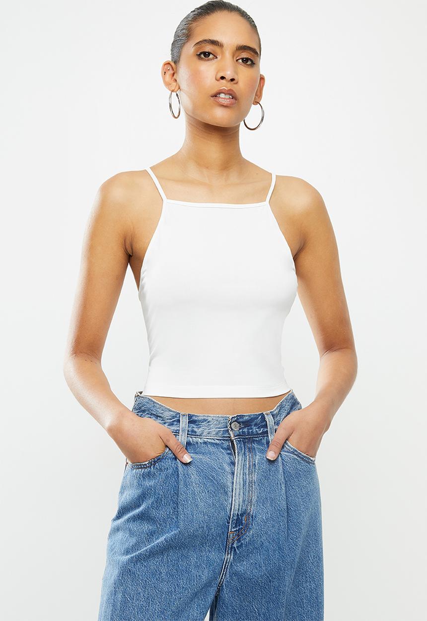 Blake - Halter cross back tie crop top-ivory