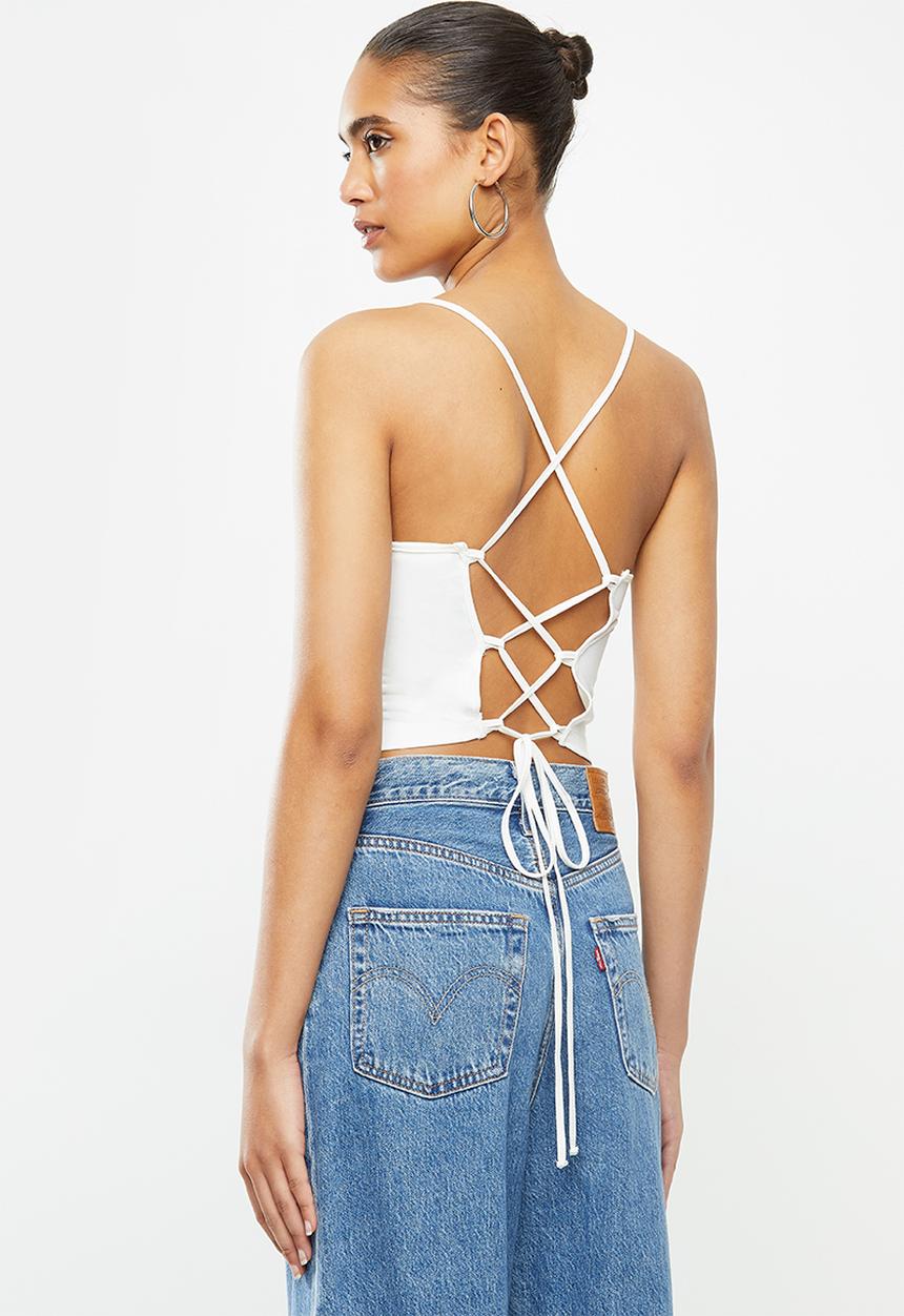 Blake - Halter cross back tie crop top-ivory