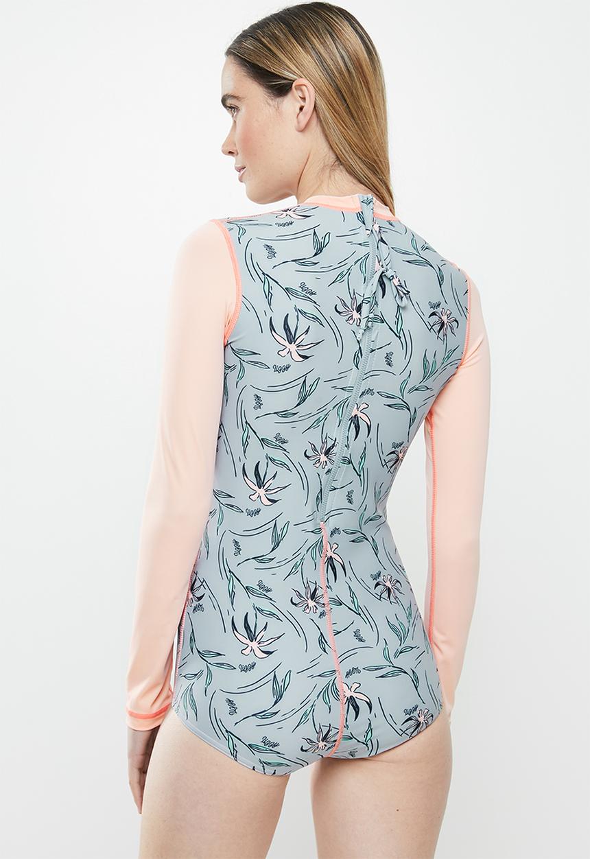 Lizzy - Birch floral upf long sleeve swimsuit - grey & coral