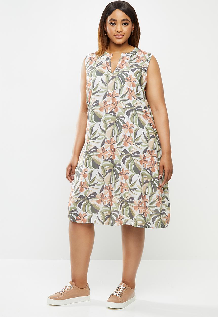 edit Plus - Short sleeve mandarin dress - peach & green 