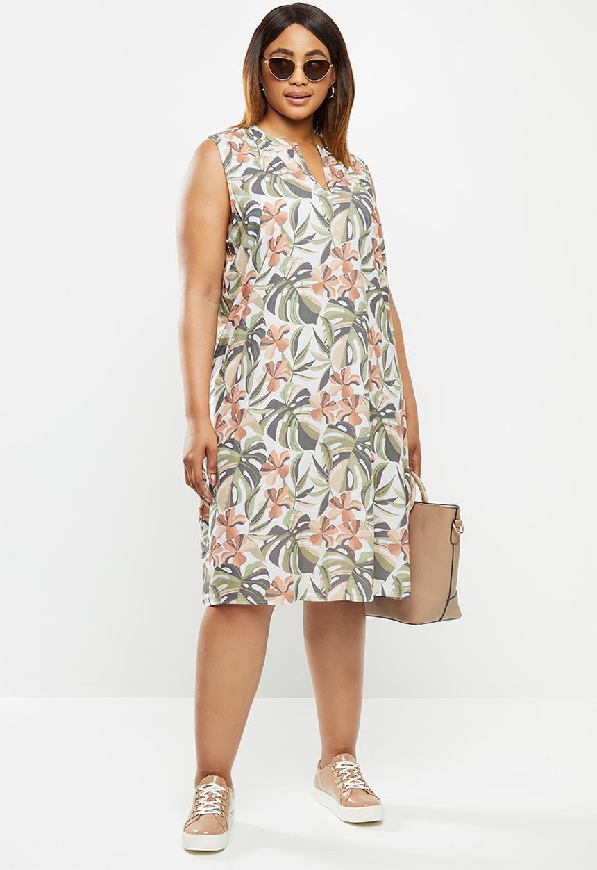 edit Plus - Short sleeve mandarin dress - peach & green 