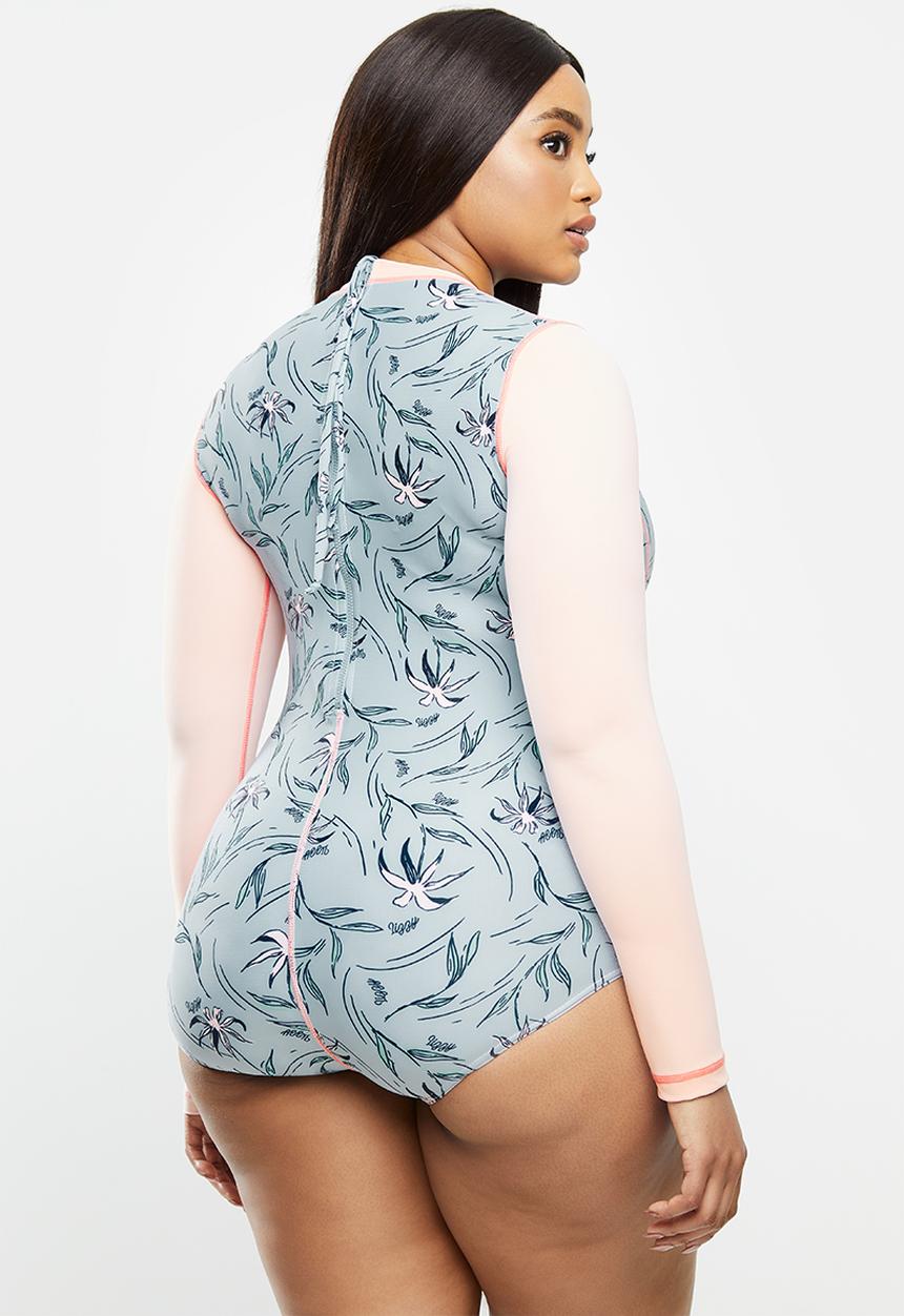 Lizzy - Plus size birch floral up long sleeve swimsuit - grey & coral