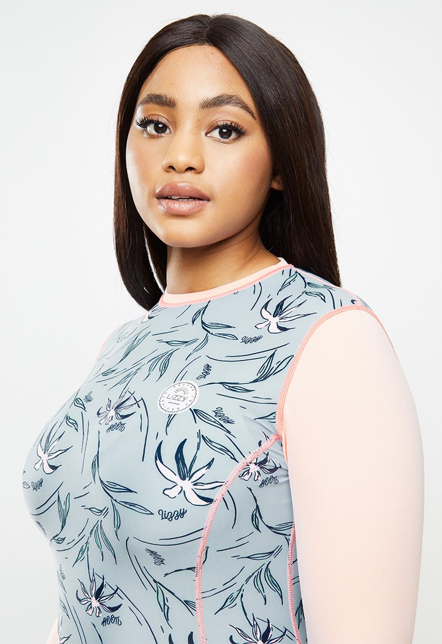 Lizzy - Plus size birch floral up long sleeve swimsuit - grey & coral