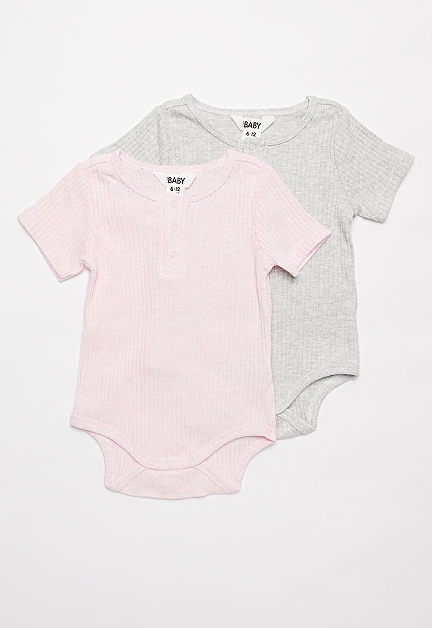 Cotton On - 2 pack short sleeve button bubbysuit - pink & grey 