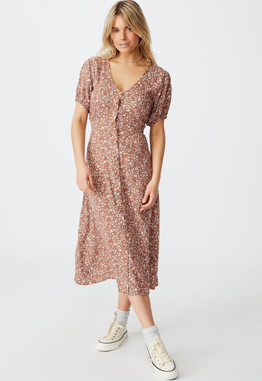 Cotton On - Woven Clara button through midi dress - ditsy mid brown