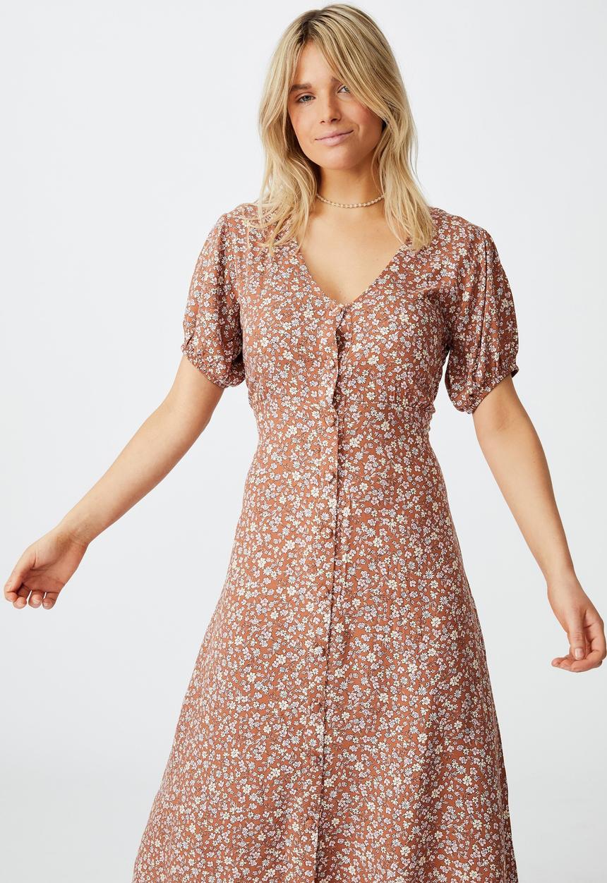 Cotton On - Woven Clara button through midi dress - ditsy mid brown