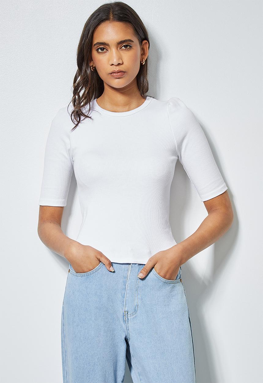 Superbalist - Single hi neck puff sleeve rib top - white