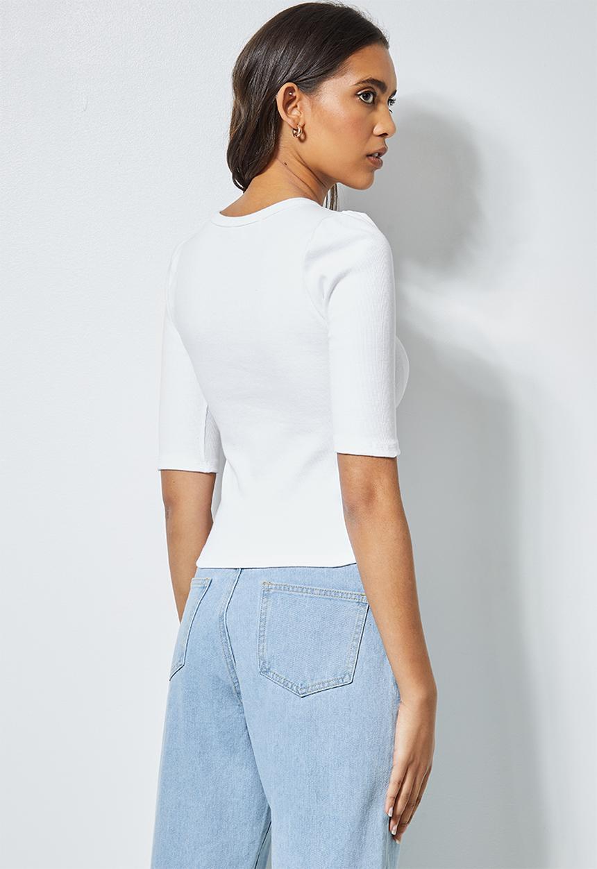 Superbalist - Single hi neck puff sleeve rib top - white