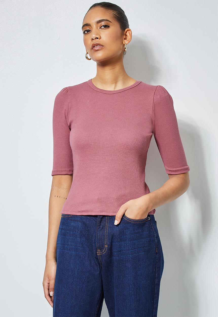 Superbalist - Single hi neck puff sleeve rib top - pink