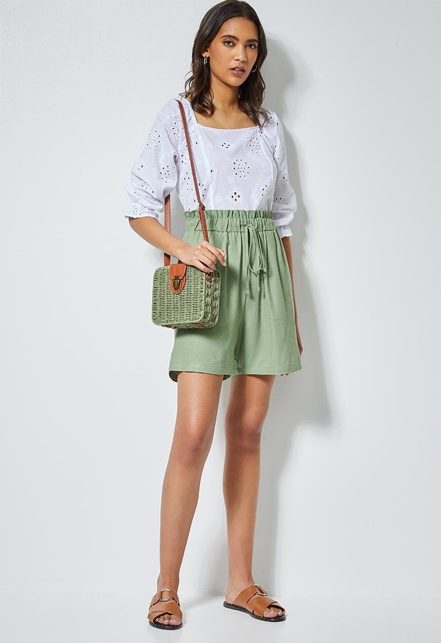 Superbalist - Linen blend paperbag shorts - sage