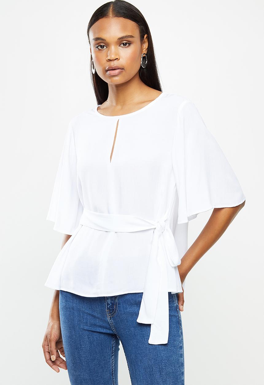 edit - Notch neck wide sleeve blouse - white