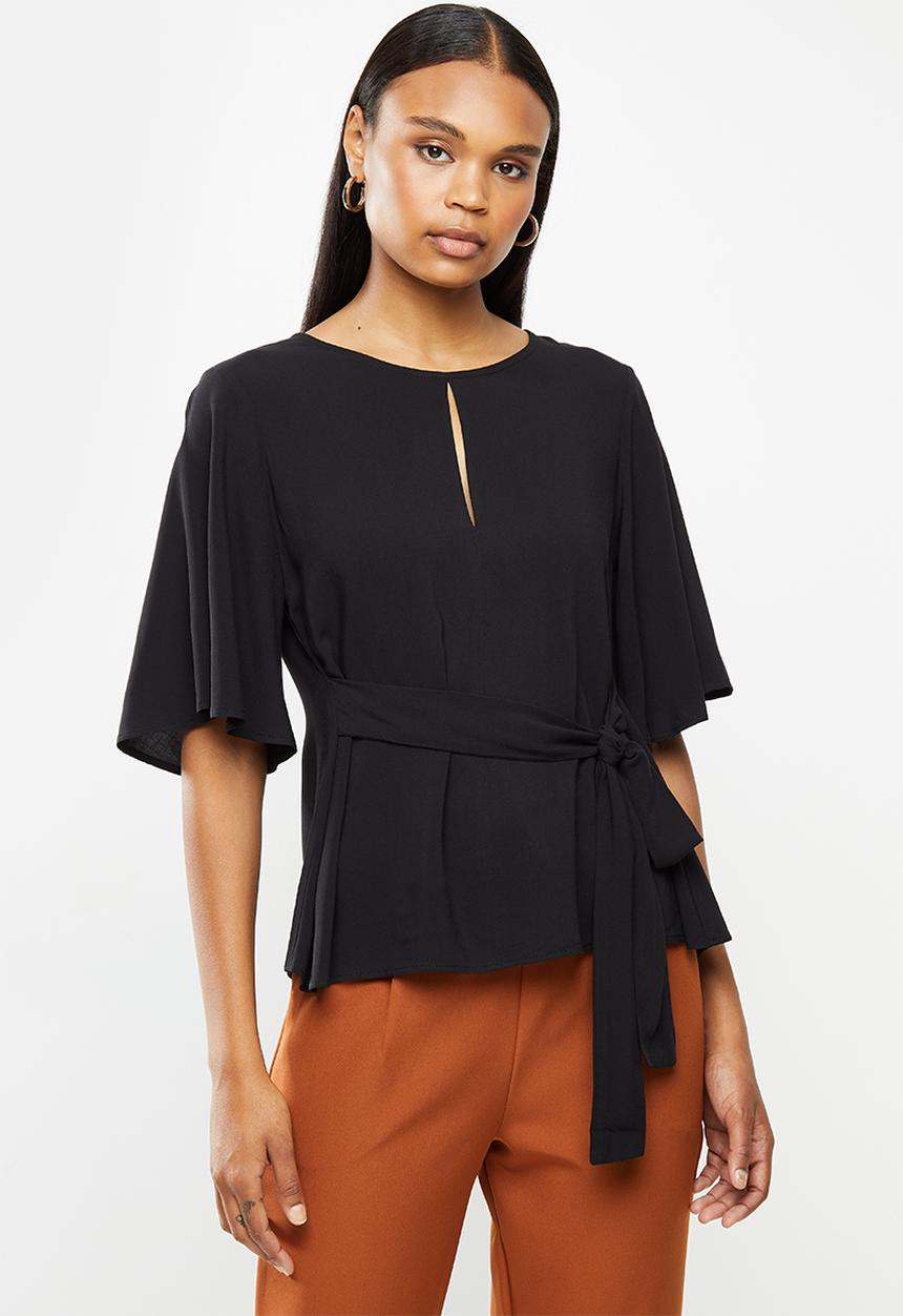 edit - Notch neck wide sleeve blouse - black