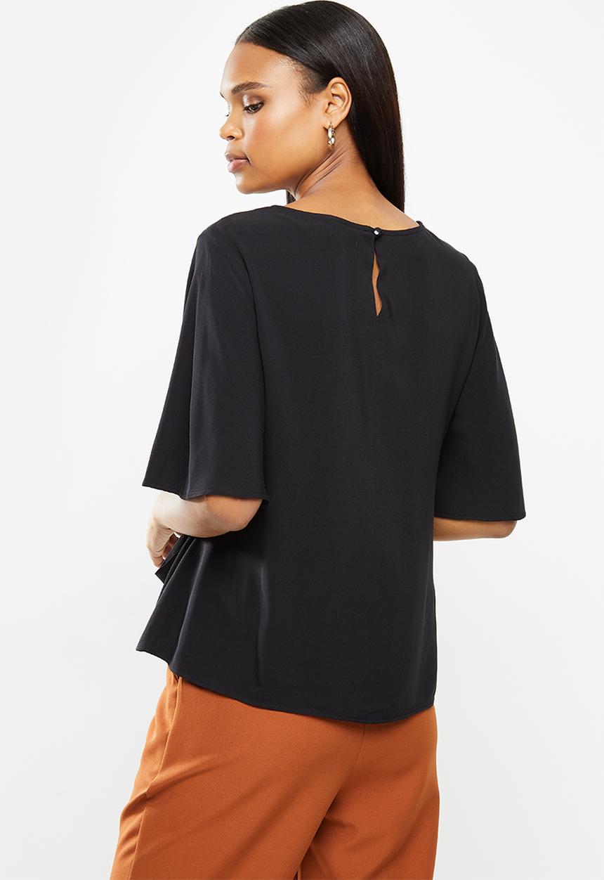 edit - Notch neck wide sleeve blouse - black