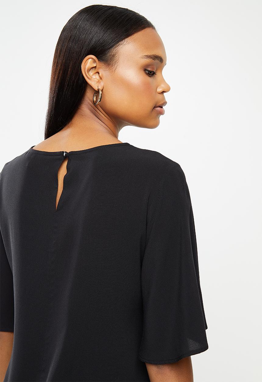 edit - Notch neck wide sleeve blouse - black