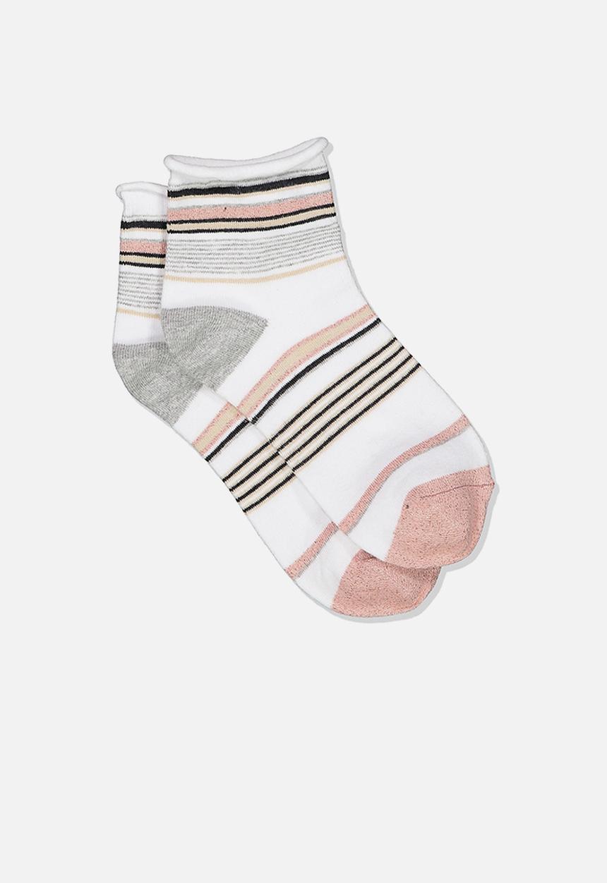 Cotton On - Roll top quarter crew sock - white mix stripe