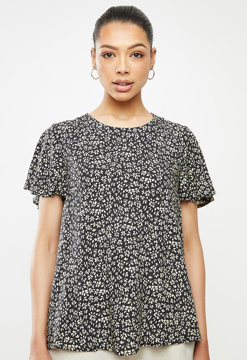 edit - Flutter sleeve crepe shell - black & neutral 