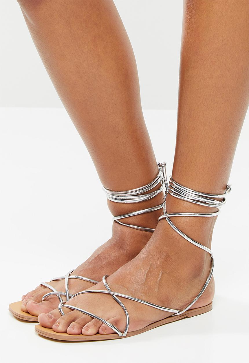 Public Desire - Sunset strappy lace up flat sandal - silver