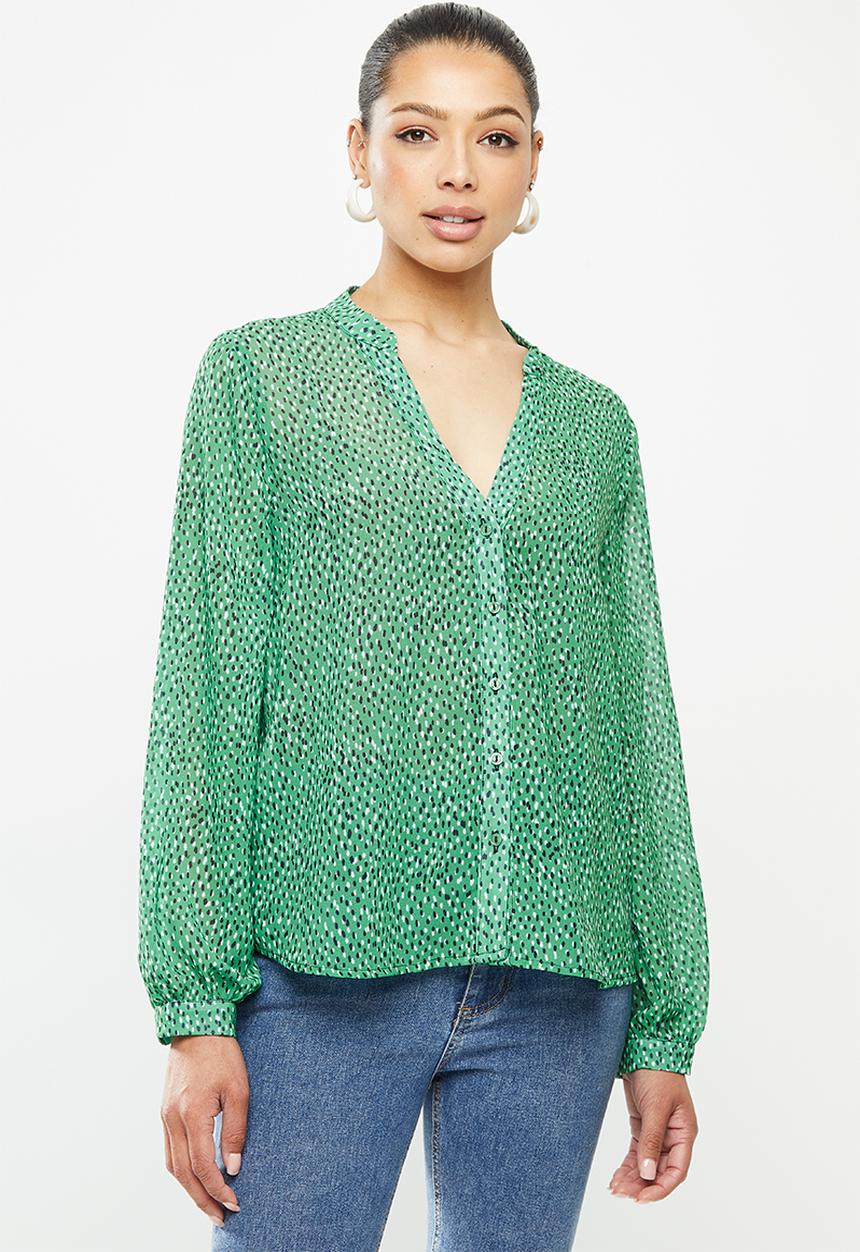 edit - Chiffon mandarin collar shirt - green 