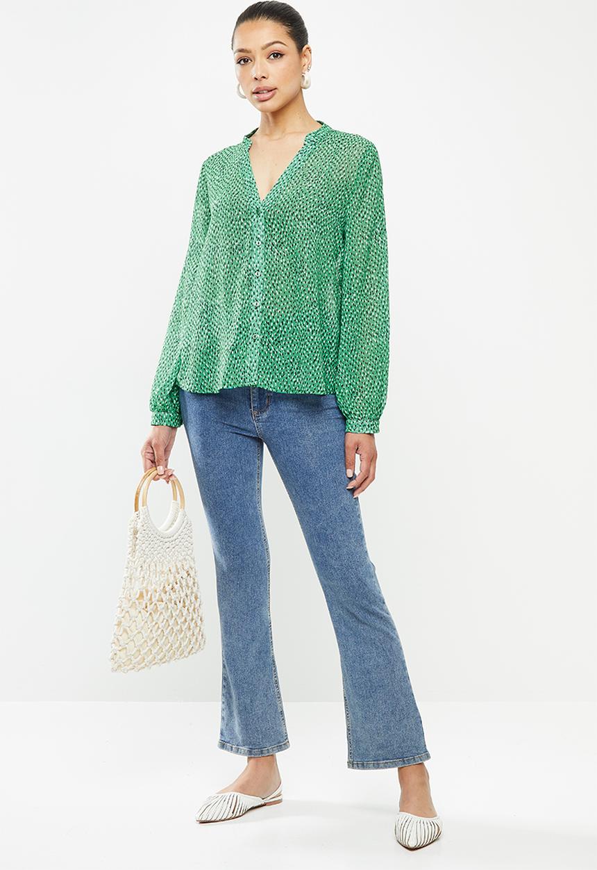 edit - Chiffon mandarin collar shirt - green 